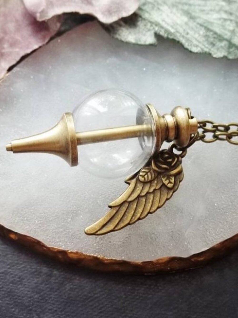 Bronze Glass Orb Vial Terrarium Wing Necklace Pendulum